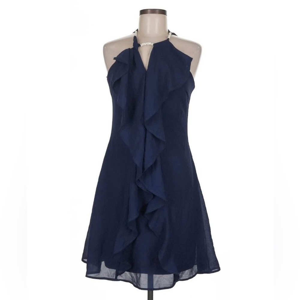 VENUS Navy Ruffle Halter Mini Dress